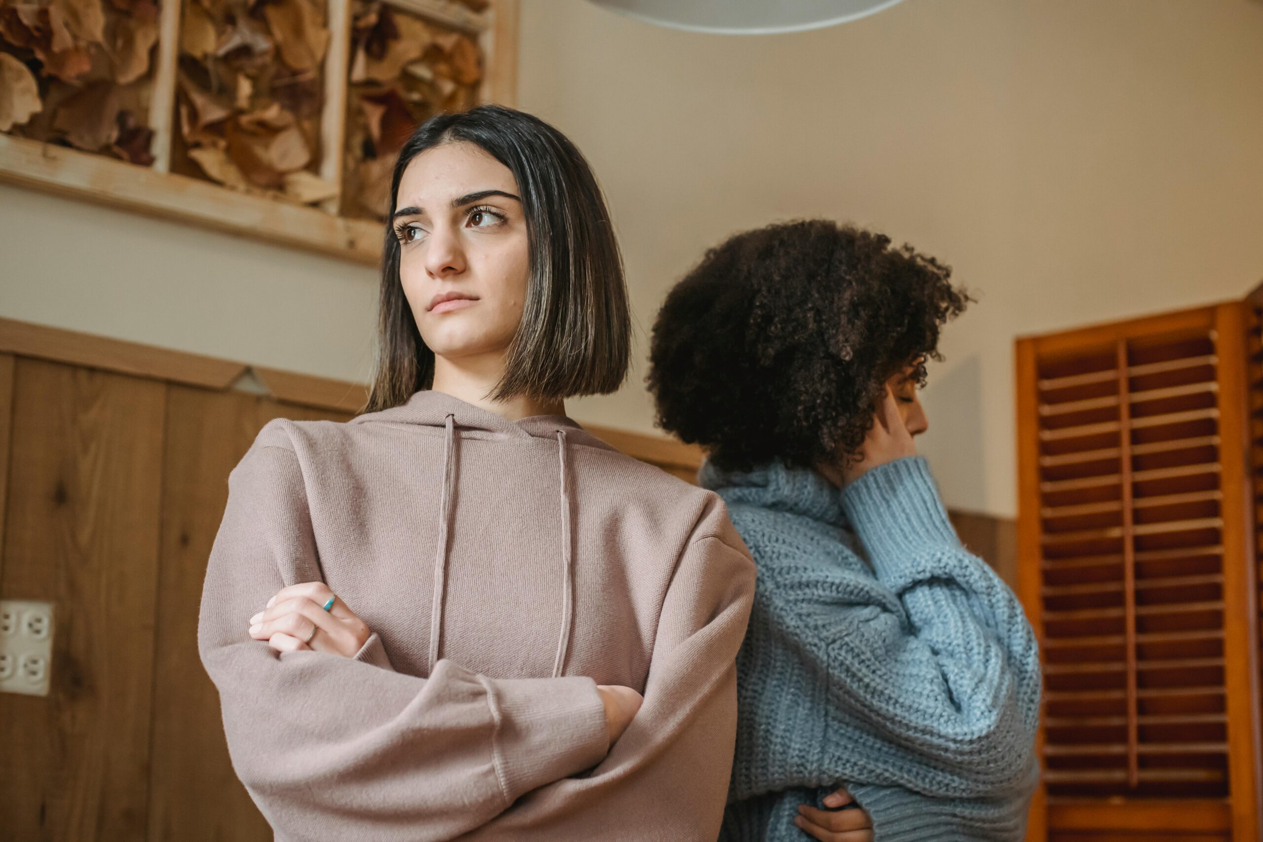 Two women face away from each other. The woman closer to the camera has light skin and shoulder length brown hair. She is wearing a pink sweater and her arms are crossed. The woman further away from the camera has darker skin and curly black hair, and she is wearing a blue sweater.